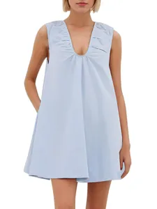 Elegant Nordic style light blue sleeveless mini dress with pleated V-neck and wide straps