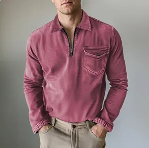 Detailed view of a men's long-sleeve half-zip denim shirt in dusty rose with lapel collar