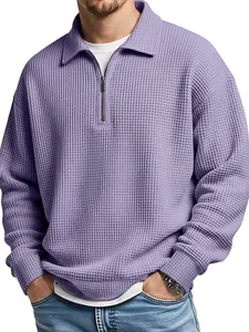 Men's vintage lavender waffle knit quarter-zip polo shirt featuring a classic lapel collar
