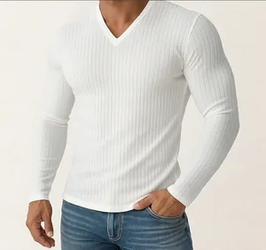 Close-up detail of a white ribbed V-neck long sleeve T-shirt for men showing the slim fit