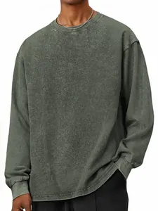 Men's American vintage washed long sleeve crewneck sweatshirt in distressed olive green