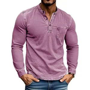 Close-up detail of a men's slim fit distressed Henley shirt in a faded purple finish
