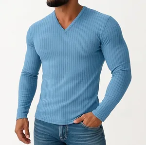 Detail view of men's slim fit ribbed long-sleeved V-neck T-shirt in blue