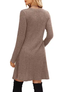 Detailed back view of a brown long-sleeved ribbed knit mini dress for women in autumn