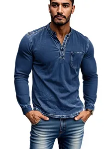 Men Vintage Washed Polyester Henley Shirt Slim Fit Long Sleeve Distressed Casual Pullover Top With Chest Pocket For Autumn