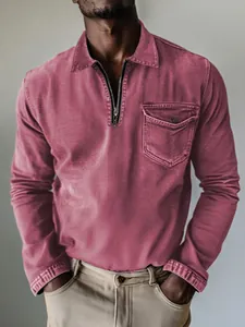 Men's pink half-zip denim shirt with classic lapel and front chest pocket long sleeve