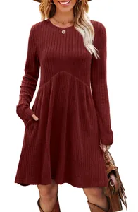 Burgundy long-sleeve ribbed knit dress with round neck and pockets for women