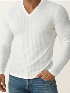 Tight-fitting men's white ribbed long sleeve V-neck T-shirt on a model