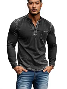Premium slim-fit men's distressed long-sleeve Henley shirt in charcoal grey wash