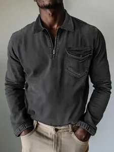 Men's charcoal grey half-zip denim shirt with long sleeves and front chest pocket detail