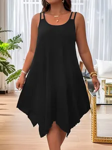 Detailed view of a sleeveless black plus size dress with an irregular asymmetric hemline.