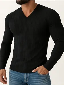 Premium men's slim fit black ribbed long-sleeve V-neck T-shirt casual pullover top