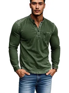 Men's slim fit green Henley long sleeve shirt with distressed finish and casual style