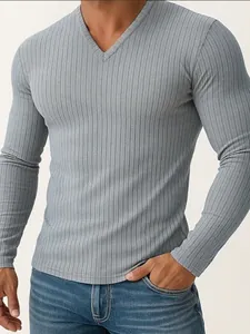 Men's slim fit grey long sleeve T-shirt with V-neck and premium ribbed texture fabric
