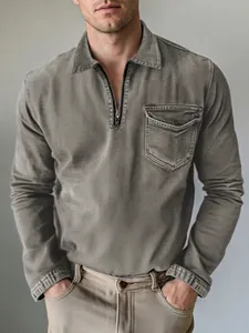Men's vintage grey long sleeve denim shirt featuring a half-zip and front pocket