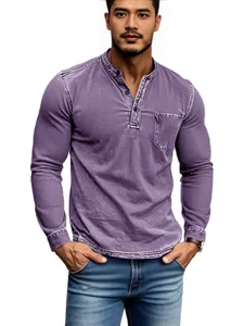 Slim fit men's long sleeve Henley neck shirt in distressed purple washed cotton fabric
