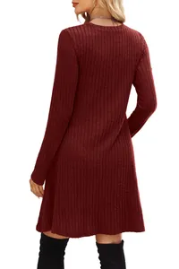 Detailed back view of a burgundy long sleeve ribbed mini dress showing the slim fit