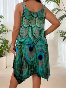 Back view of plus size sleeveless dress with peacock print and irregular hem design