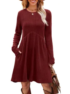 Women Long Sleeve Round Neck High Waist Ribbed Knit Dress With Pockets Elegant Solid Color Pullover A-Line Mini Dress