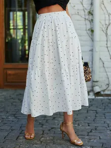 Summer white polka dot tiered maxi skirt with high waist and flowy tiered design