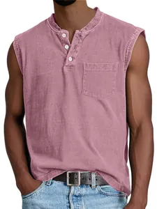 Men's sleeveless mauve cotton Henley tank top featuring chest pocket and buttons for fitness