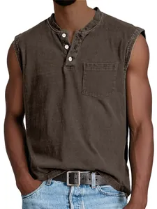 Men's sleeveless cotton henley tank top with chest pocket in vintage brown wash