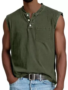 Casual army green sleeveless Henley tank top for men featuring buttons and pocket