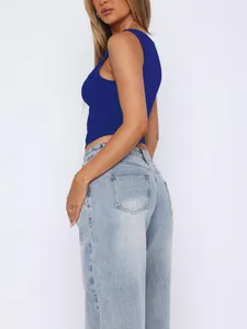 Side view detail of a vibrant blue double-layer athletic tank top for women's casual wear