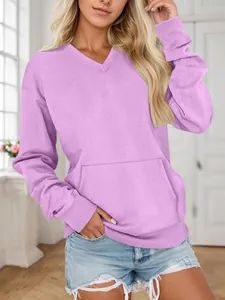 Lässiges Damen-Sweatshirt mit V-Ausschnitt in Lavendel mit Fronttasche und Rippbündchen