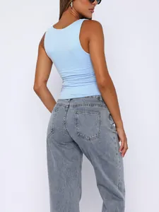 Slim fit light blue double-layered sports tank top for women, back view details.