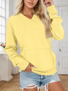 Damen V-Ausschnitt Sweatshirt in Gelb mit Tasche, lockere Passform für den Alltag