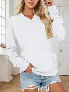 Lässiges weißes Damen-Sweatshirt mit V-Ausschnitt, Vordertasche und lockerer Passform