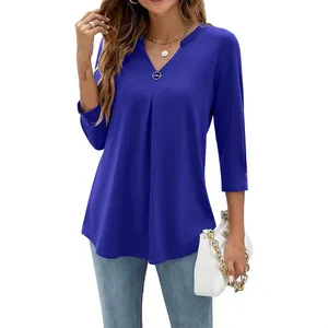 Elegant royal blue V-neck top with 3/4 sleeves and pleated detail for women's daily wear