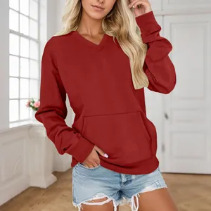 Women's casual red V-neck sweatshirt featuring a front pocket and loose long sleeves
