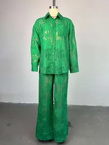 Gedetailleerd beeld van de groene set met transparante burnout top en wijde broek