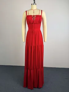 Elegant red high-waist pleated tiered maxi dress with adjustable spaghetti straps
