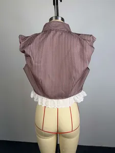 Back view of a brown striped cropped shirt with beaded collar and lace hem details.