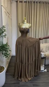 Elegant brown pleated maxi camisole dress with high waist for summer evening wear.