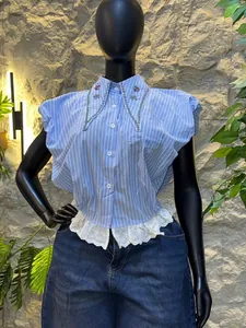Blue striped short-sleeved shirt featuring beaded collar and white lace trim hem detail