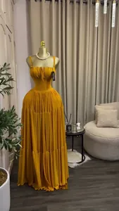 Elegant yellow pleated high-waisted maxi camisole dress for summer