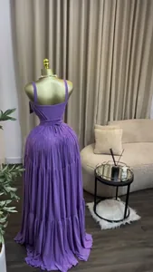 Elegant purple pleated high waist maxi evening dress shown on mannequin detail view