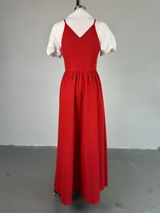 Elegant red and white fake two-piece maxi dress with puff sleeves shown from the back
