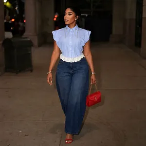 Stylish blue striped short sleeve shirt with beaded collar and lace hem for summer.