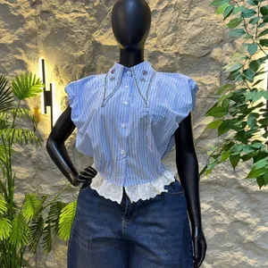 Fashionable blue striped short sleeve shirt with beaded collar and white lace hem trim