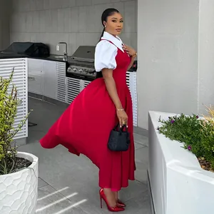 Elegant red and white puff sleeve high waist fake two-piece dress for women's summer