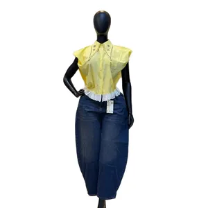 Stylish yellow striped sleeveless blouse with beaded collar and white lace trim detail
