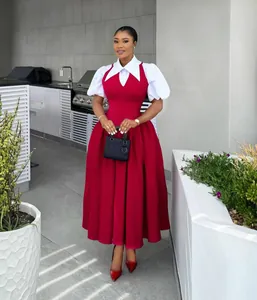 Elegant red and white high waist dress featuring puff sleeves and collared neckline