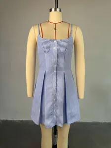 Front view detail of a blue and white striped A-line camisole dress on mannequin