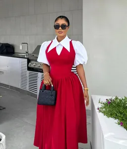 Elegant red fake two-piece dress featuring white puff sleeves and a high-waisted fit.