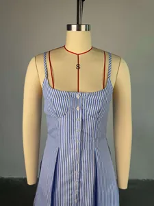 Elegant blue and white striped A-line camisole dress featuring a button-down front design.